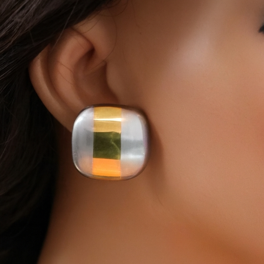 Gold Silver Dual-Tone Stud Earrings Modern Stripe Design, 0.75” Fashion Jewelry
